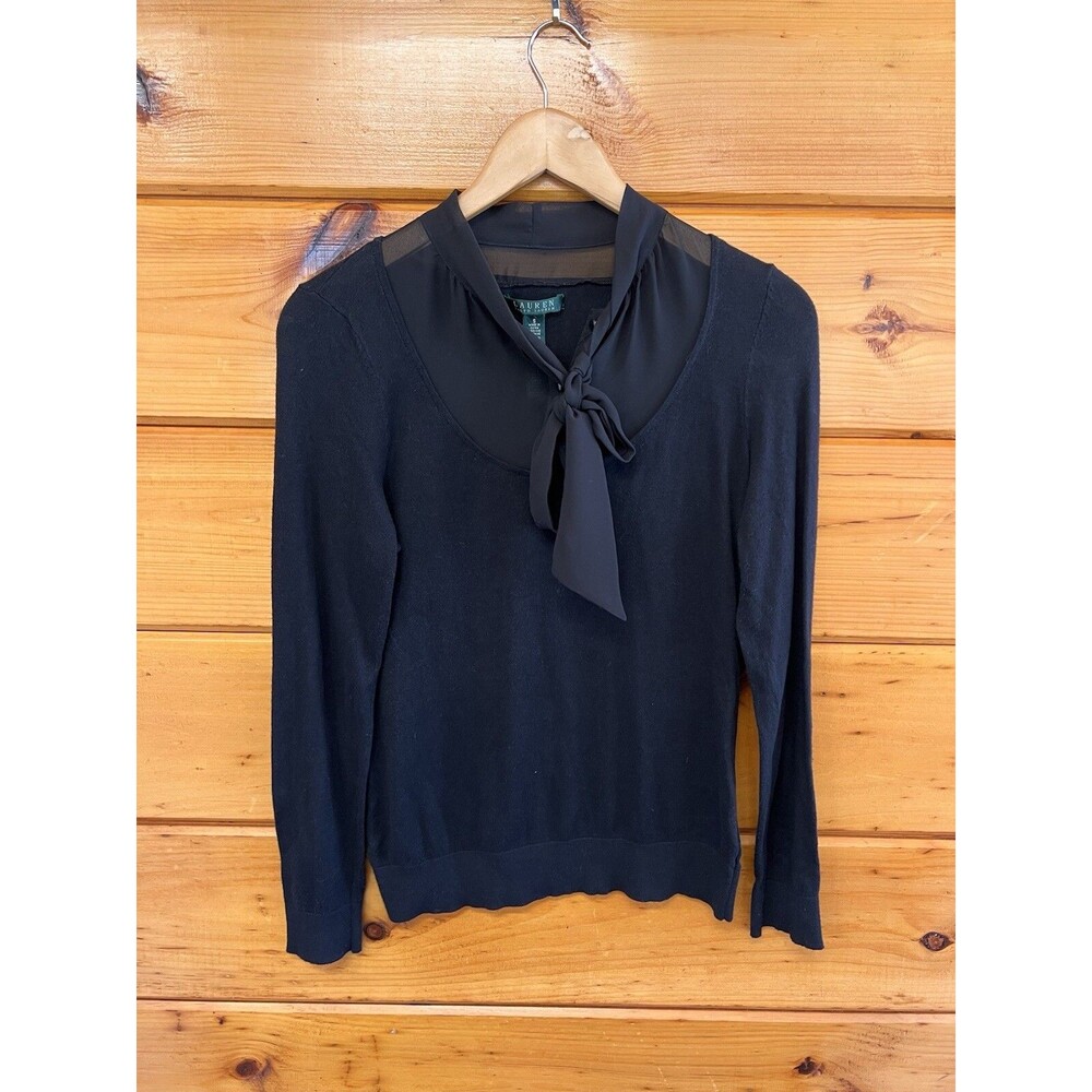 Women’s Ralph Lauren Neck Tie Sweater 2 Tone Knit Long Sleeve Top Black Size S